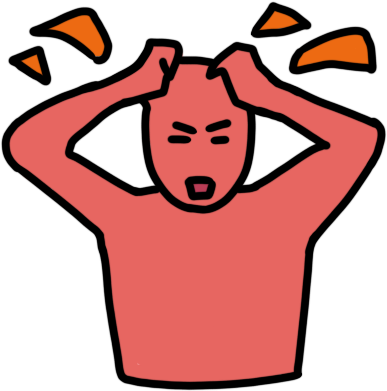 a light red person with an open mouth, frown and shut eyes with their balled fists on top of their head. four orange emphasis lines, representing stress, come from their head.
